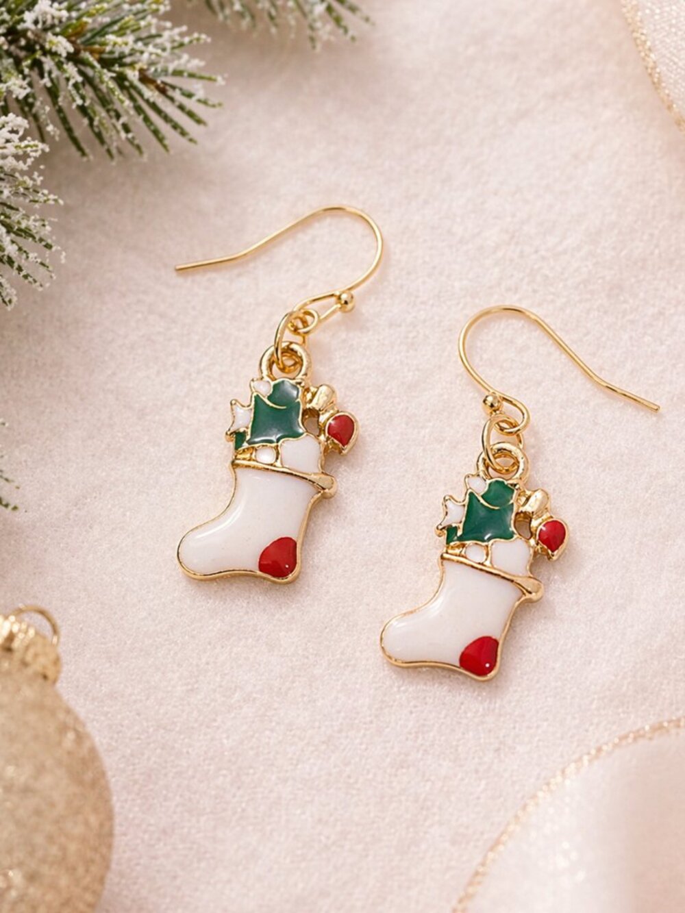 Christmas Stocking Dangle Earrings Red Green Enamel Gold Holiday Gift